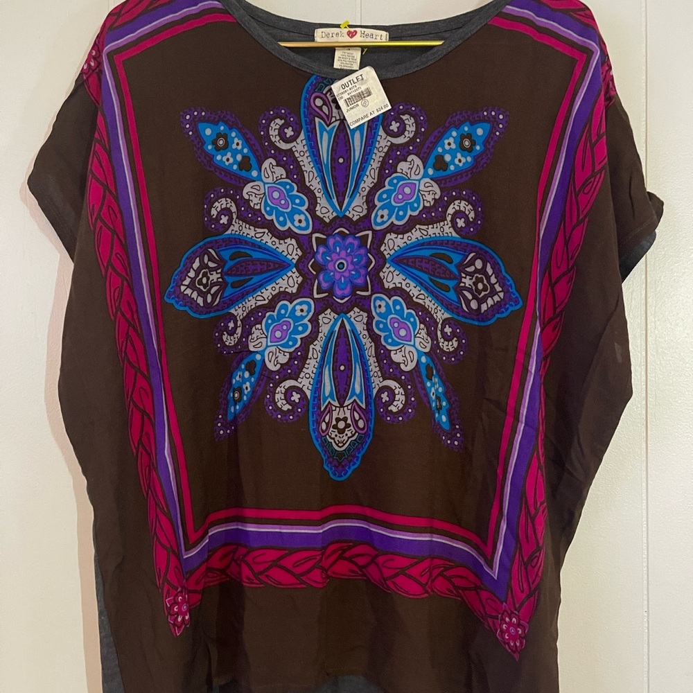 Derek Heart Brown Blouse with Blue and Purple Pattern
